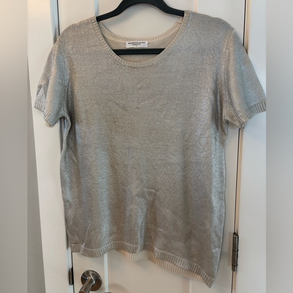 Majesticfilatures Sz Medium Metallic Silver Women’s Sweater Short Sleeve - Picture 3 of 7
